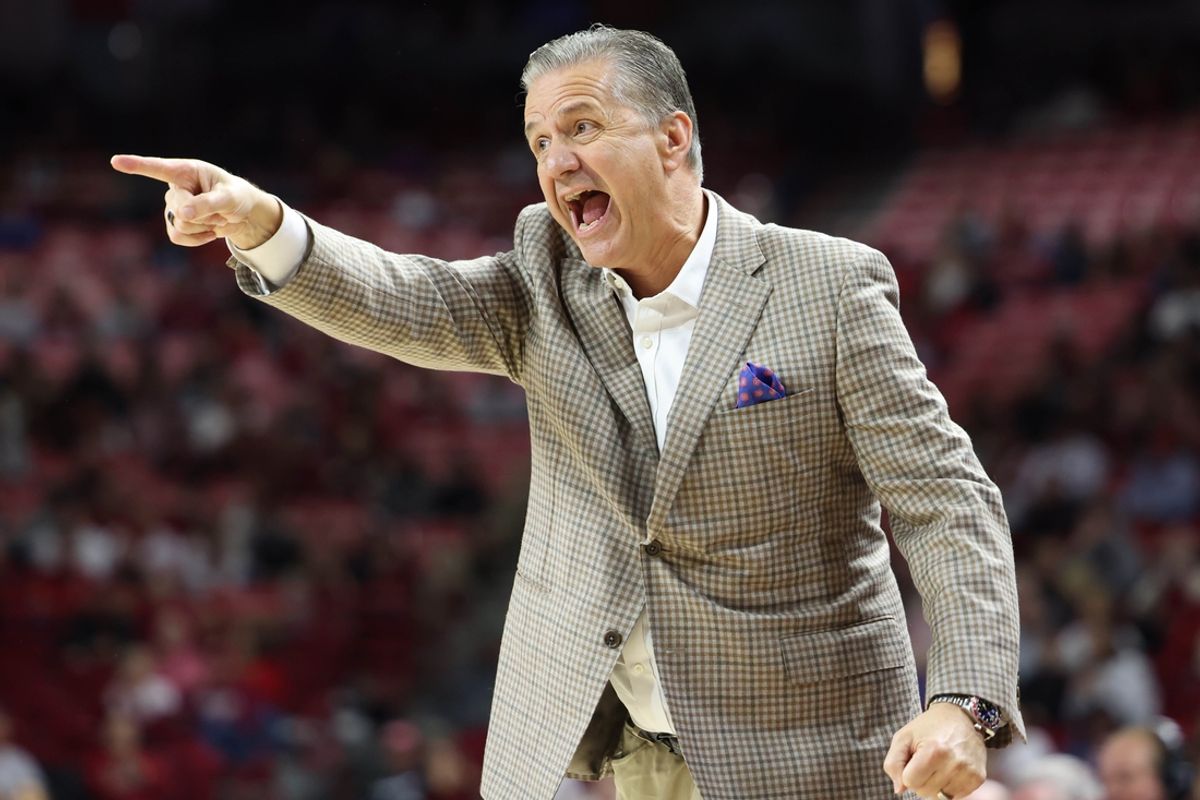 Nov 25, 2024; Fayetteville, Arkansas, USA; Arkansas Razorbacks head coach John Calipari during the first half against the Maryland Eastern Shore Hawks at Bud Walton Arena. Mandatory Credit: Nelson Chenault-Imagn Images