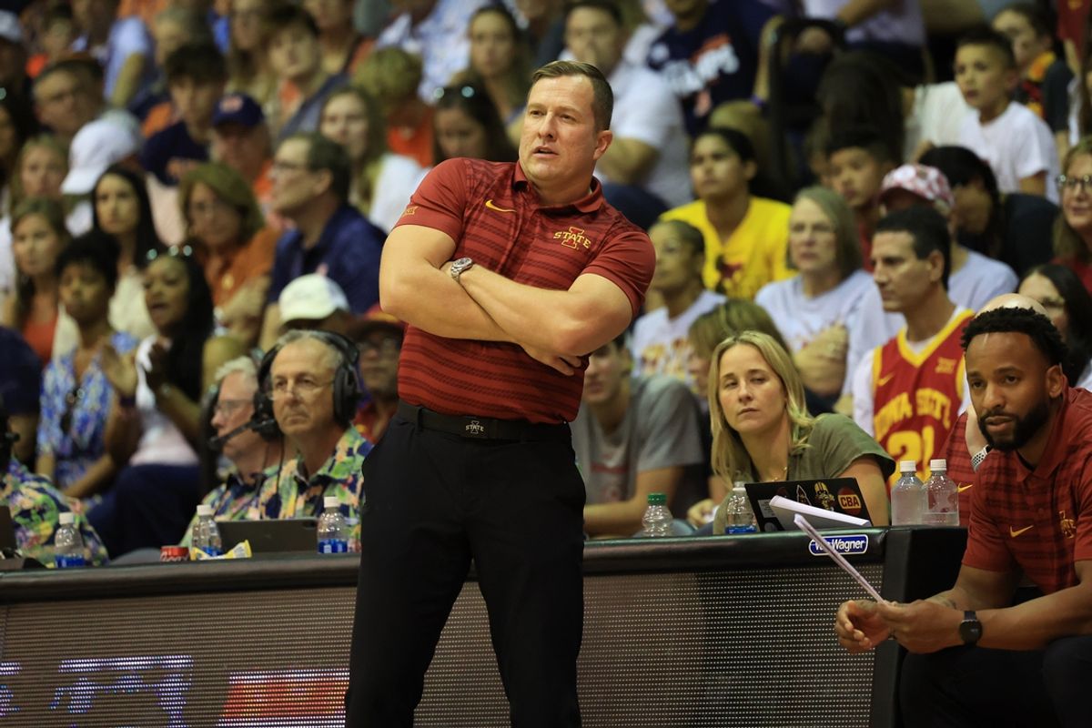 Nov 25, 2024; Lahaina, Hawaii, USA; Iowa State Cyclones head coach T.J. Otzelberger reacts to play as his team takes on the Auburn Tigers during the first half an NCAA college basketball game at Lahaina Civic Center. Mandatory Credit: Marco Garcia-Imagn Images
