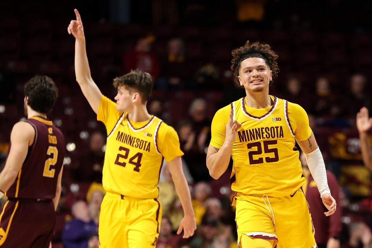Nov 25, 2024; Minneapolis, Minnesota, USA; Minnesota Golden Gophers guard Lu'Cye Patterson (25) celebrates his three-point basket against the Central Michigan Chippewas during the second half at Williams Arena. Mandatory Credit: Matt Krohn-Imagn Images
