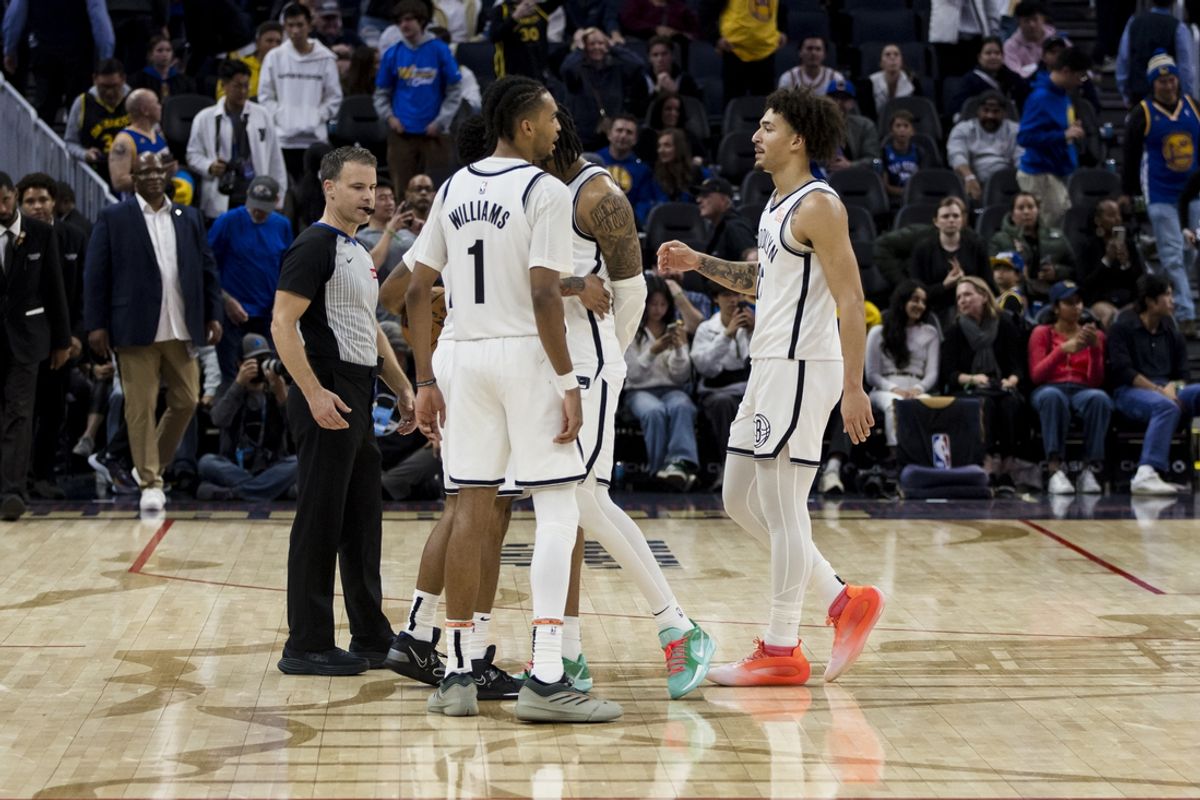 Nov 25, 2024; San Francisco, California, USA; Brooklyn Nets players celebrate their team’s win over the against the Golden State Warriors at Chase Center. Mandatory Credit: John Hefti-Imagn Images