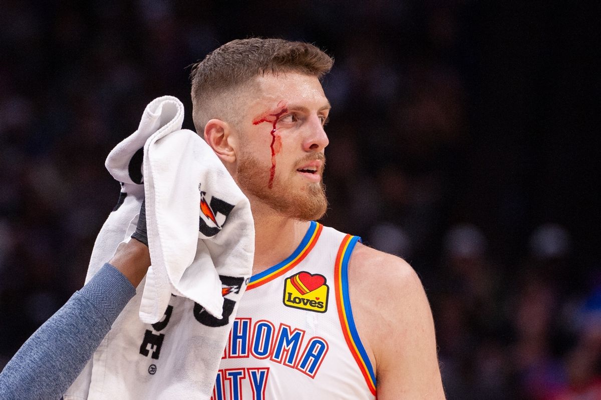 Nov 25, 2024; Sacramento, California, USA; Oklahoma City Thunder medical staff attend to the eye of Isaiah Hartenstein during the third quarter at Golden 1 Center. Mandatory Credit: Ed Szczepanski-Imagn Images