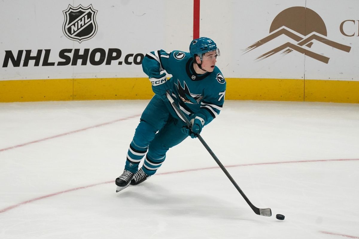 Nov 25, 2024; San Jose, California, USA; San Jose Sharks center Macklin Celebrini (71) controls the puck against the Los Angeles Kings in the third period at SAP Center at San Jose. Mandatory Credit: David Gonzales-Imagn Images