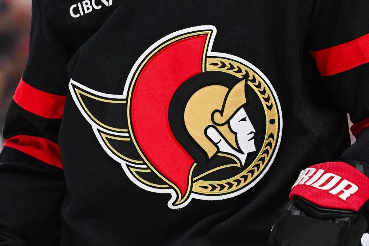Nov 25, 2024; Ottawa, Ontario, CAN; View of a Ottawa Senators logo on a jersey worn by a member of the team during the second period at Canadian Tire Centre. Mandatory Credit: David Kirouac-Imagn Images