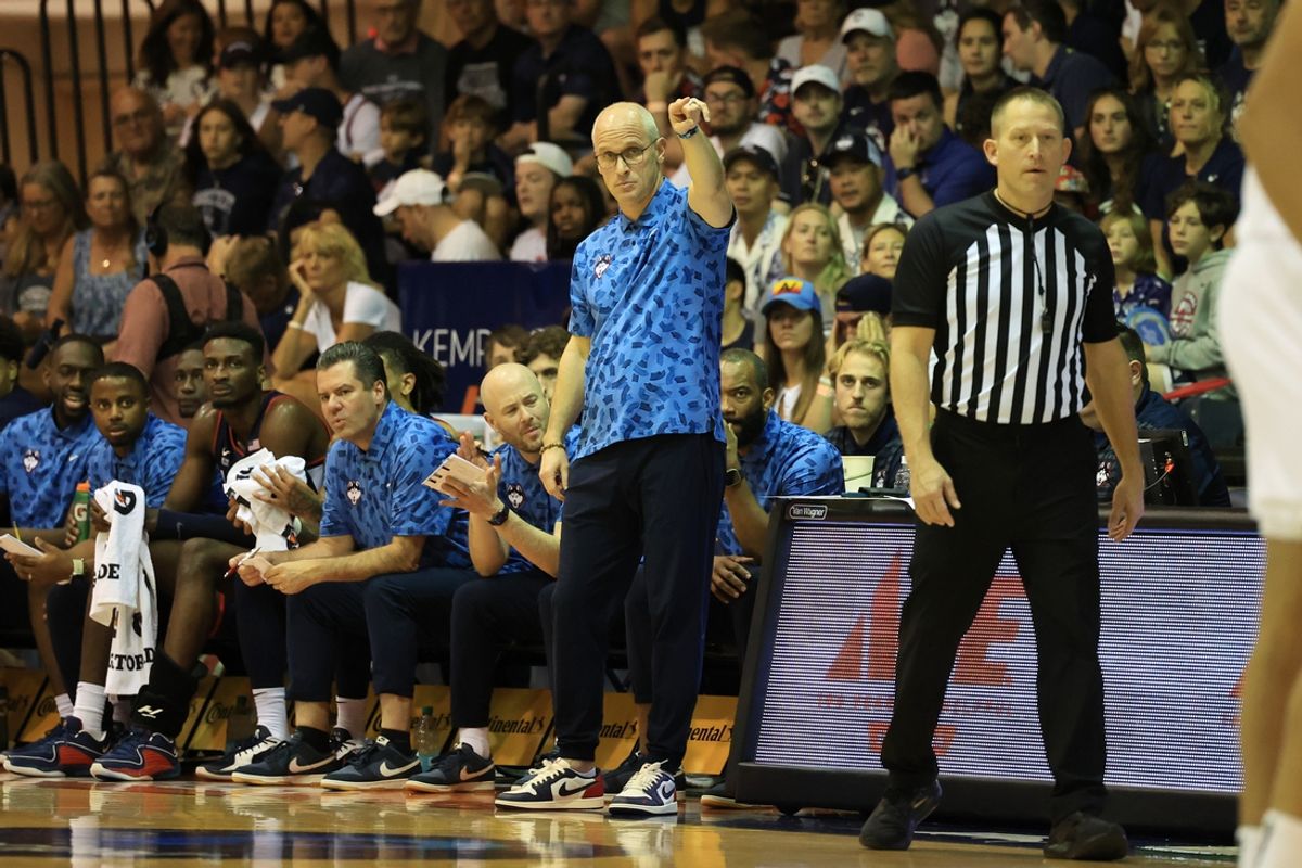 Nov 26, 2024; Lahaina, Hawaii, USA;  Connecticut Huskies head coach Dan Hurley reacts to play as his team takes on the Colorado Buffaloes during the first half of an NCAA college basketball game at Lahaina Civic Center. Mandatory Credit: Marco Garcia-Imagn Images