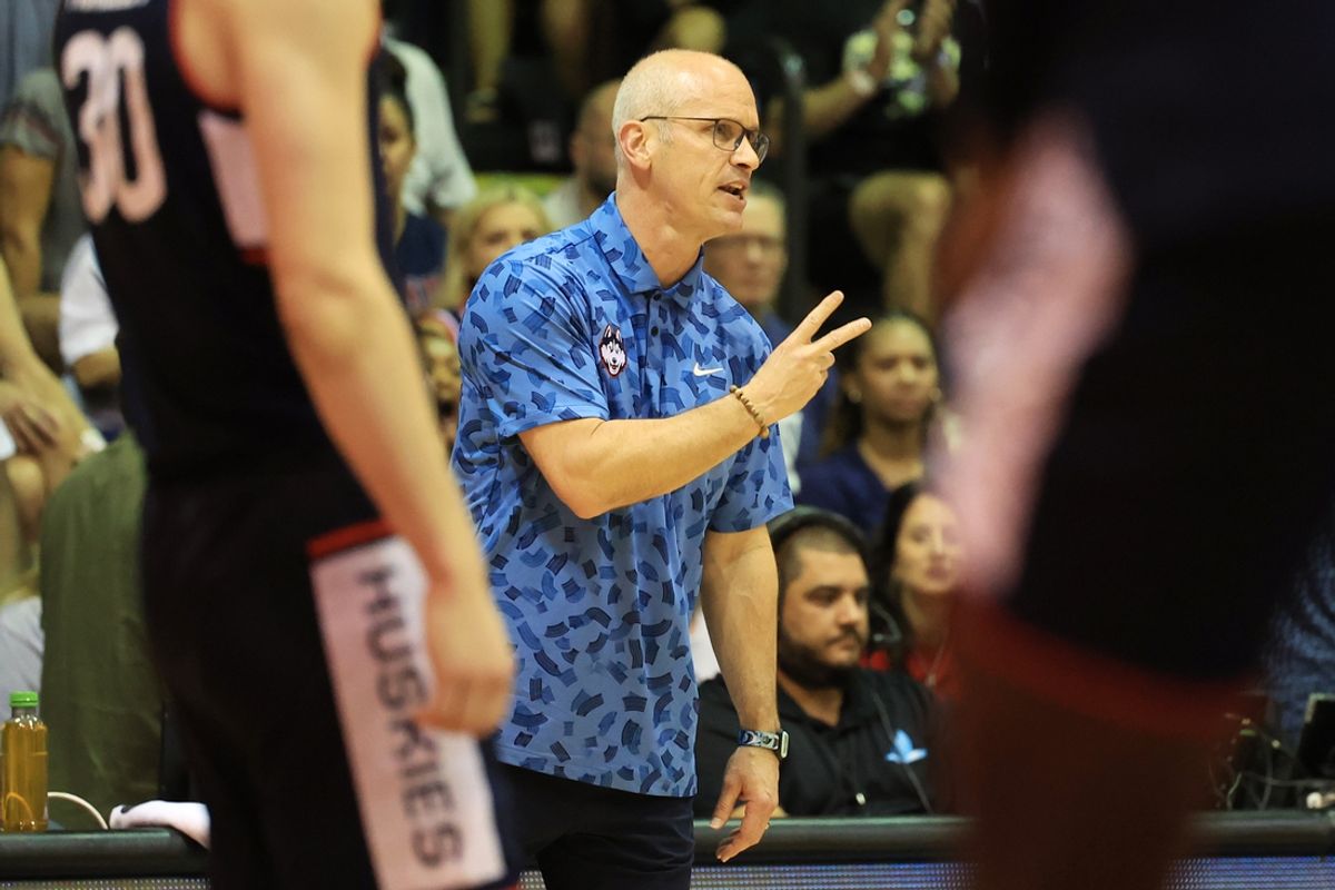 Nov 26, 2024; Lahaina, Hawaii, USA;  Connecticut Huskies head coach Dan Hurley reacts to play as his team takes on the Colorado Buffaloes during the first half of an NCAA college basketball game at Lahaina Civic Center. Mandatory Credit: Marco Garcia-Imagn Images