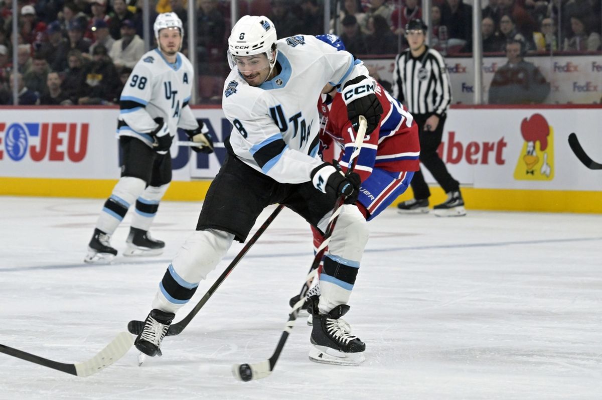 Nov 26, 2024; Montreal, Quebec, CAN; Utah Hockey Club forward Nick Schmaltz (8) shoots during the second period against the Montreal Canadiens at the Bell Centre. Mandatory Credit: Eric Bolte-Imagn Images
