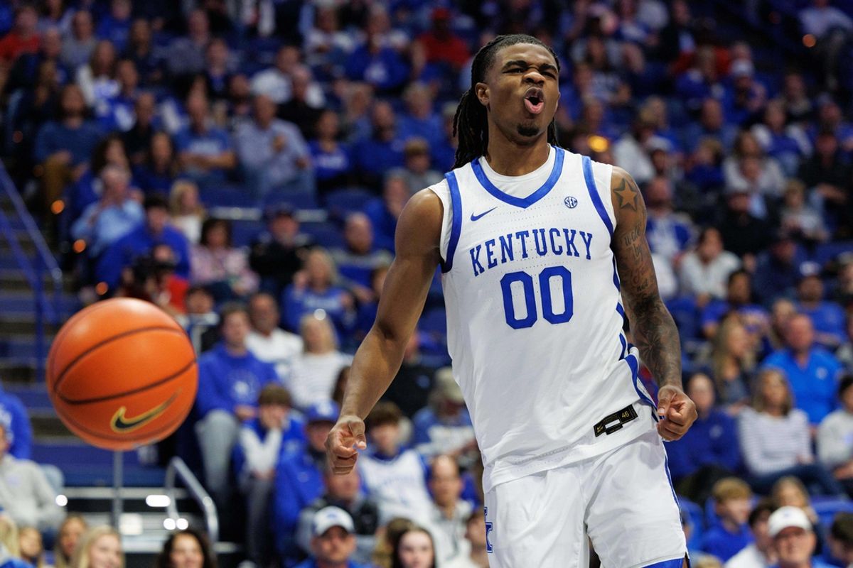 Nov 26, 2024; Lexington, Kentucky, USA; Kentucky Wildcats guard Otega Oweh (00) celebrates during the second half against the Western Kentucky Hilltoppers at Rupp Arena at Central Bank Center. Mandatory Credit: Jordan Prather-Imagn Images