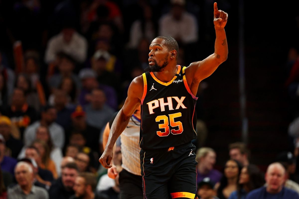 Nov 26, 2024; Phoenix, Arizona, USA; Phoenix Suns forward Kevin Durant (35) celebrates after a play during the first quarter against the Los Angeles Lakers at Footprint Center. Mandatory Credit: Mark J. Rebilas-Imagn Images