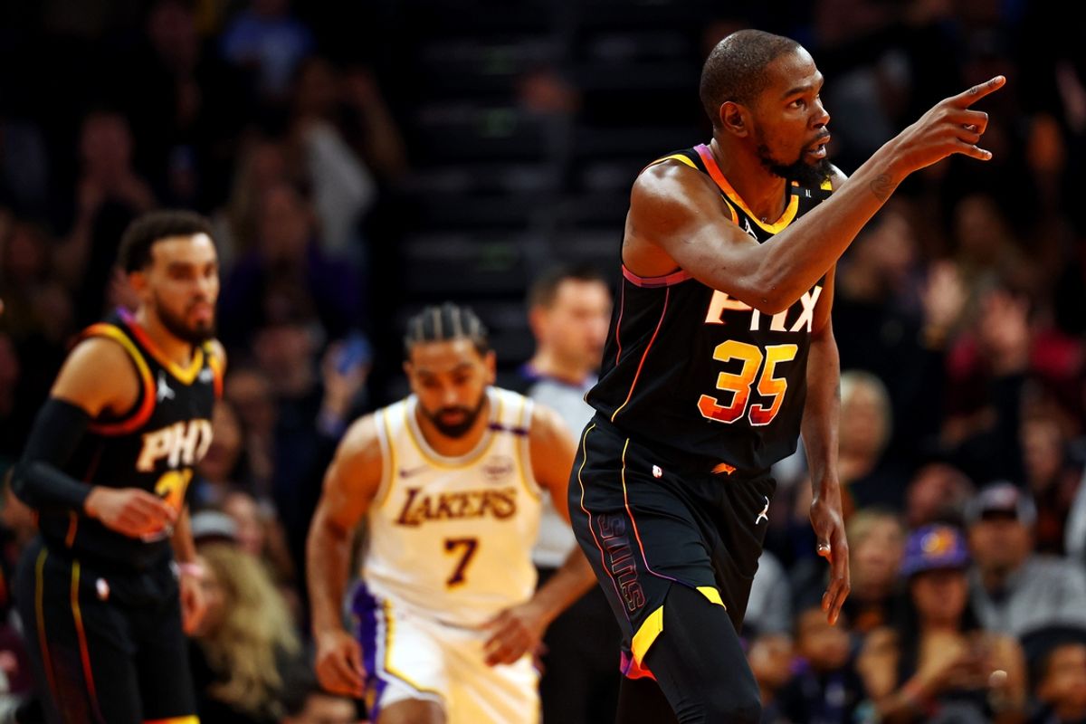 Nov 26, 2024; Phoenix, Arizona, USA; Phoenix Suns forward Kevin Durant (35) reacts after a play during the second quarter against the Los Angeles Lakers at Footprint Center. Mandatory Credit: Mark J. Rebilas-Imagn Images