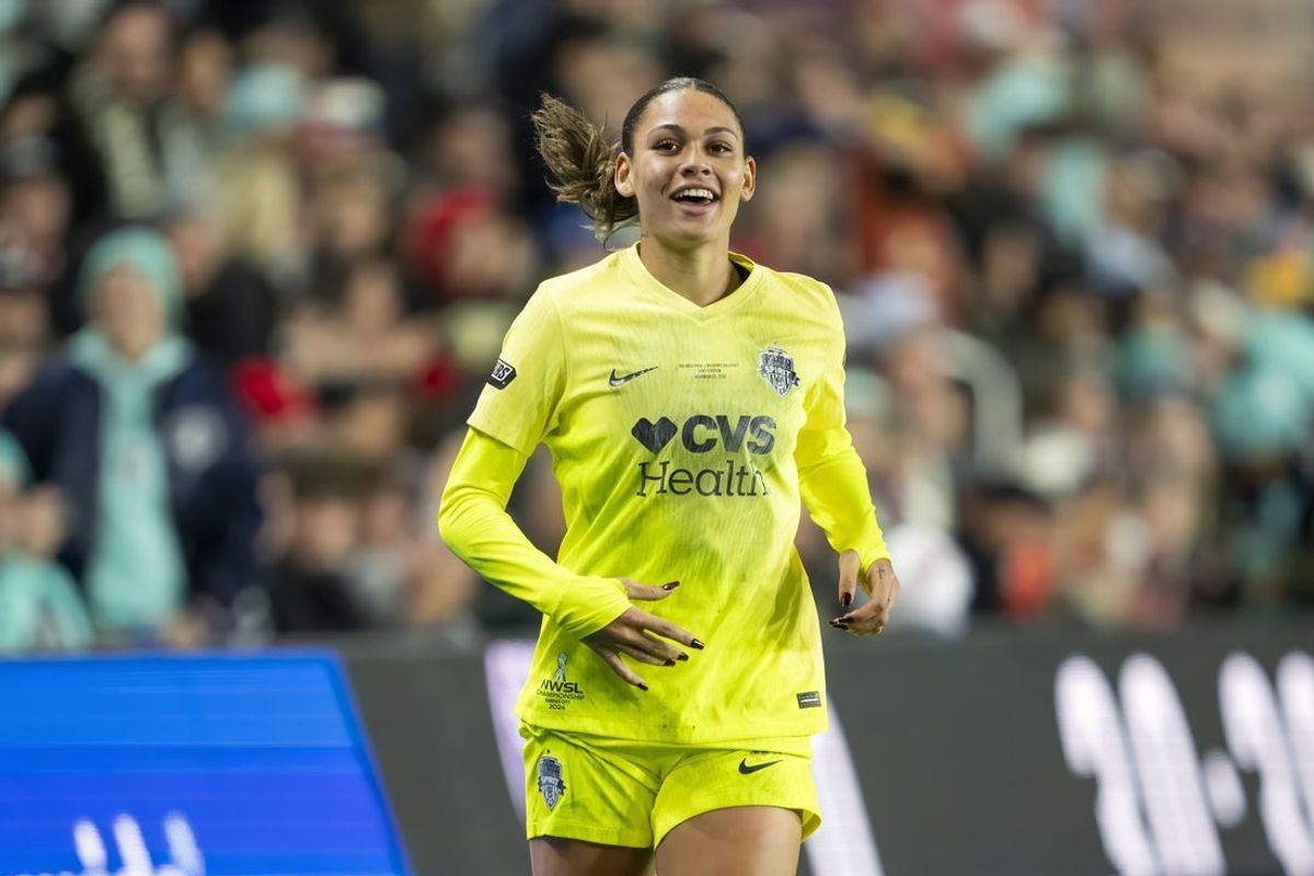 Nov 23, 2024; Kansas City, Missouri, USA; Washington Spirit forward Trinity Rodman (2) reacts during the first half against the Orlando Pride in the 2024 NWSL Championship match at CPKC Stadium. Mandatory Credit: Jay Biggerstaff-Imagn Images