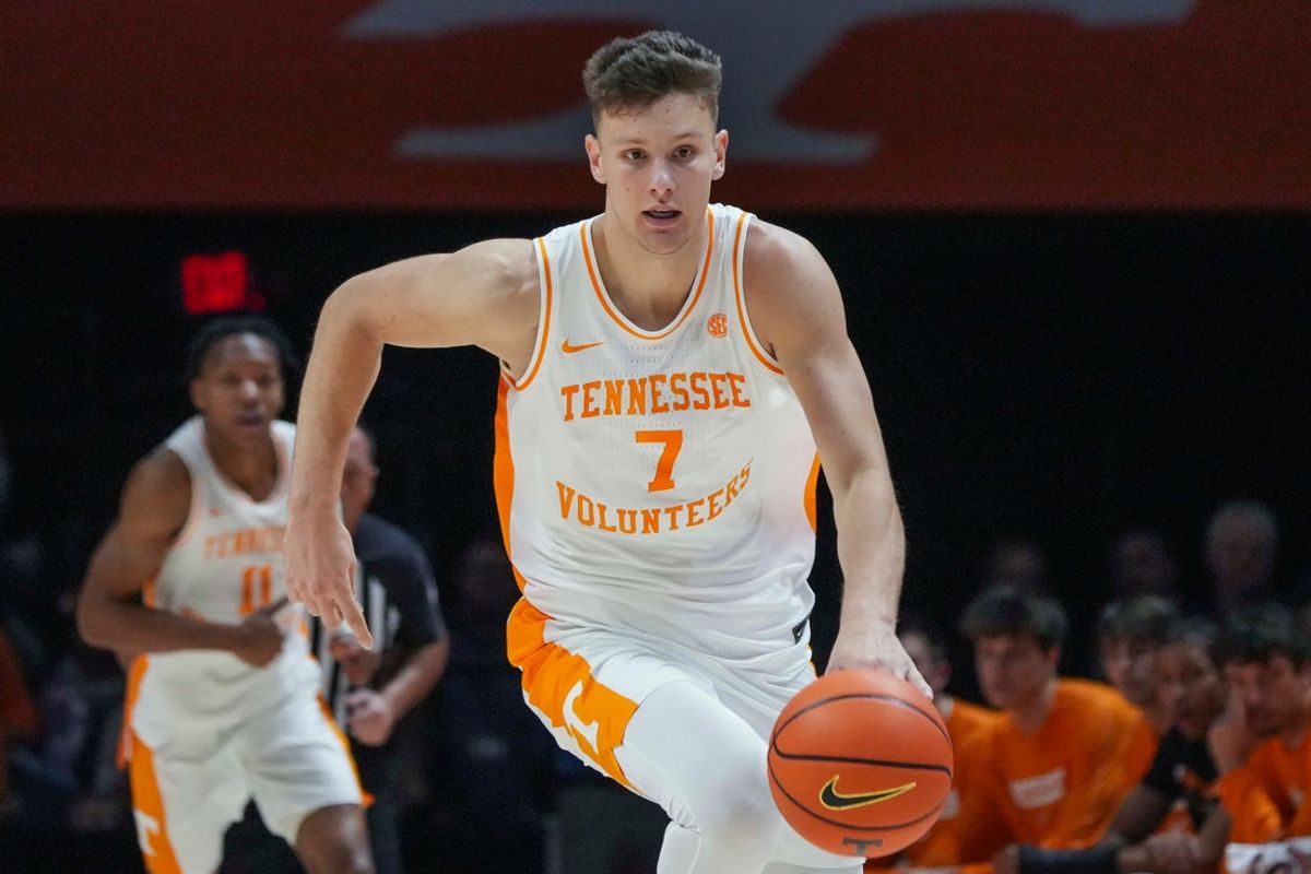 Tennessee forward Igor Milicic Jr (7) dribbles the ball during an NCAA basketball game between the Tennessee Volunteers and UT Martin Skyhawks at Thompson-Boling Arena at Food City Center on Wednesday, Nov. 27, 2024. Mandatory Credit: Angelina Alcantar/USA TODAY NETWORK via Imagn Images