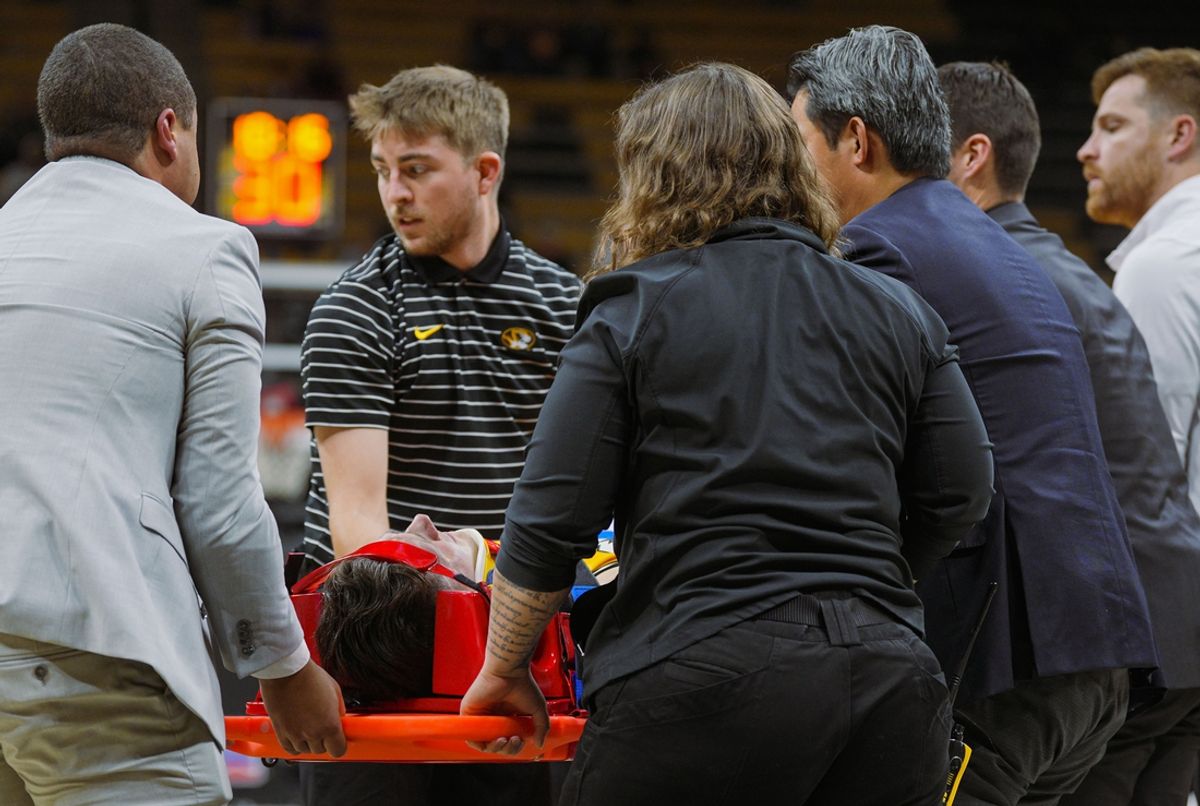 Nov 27, 2024; Columbia, Missouri, USA; Missouri Tigers guard Caleb Grill (31) is stretchered off the court after an injury during the first half against the Lindenwood Lions at Mizzou Arena. Mandatory Credit: Jay Biggerstaff-Imagn Images