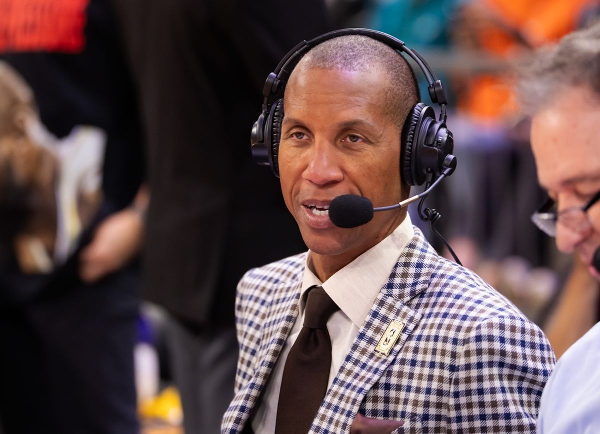 Nov 26, 2024; Phoenix, Arizona, USA; NBA on TNT television analyst Reggie Miller during the Los Angeles Lakers against the Phoenix Suns during an NBA Cup game at Footprint Center. Mandatory Credit: Mark J. Rebilas-Imagn Images