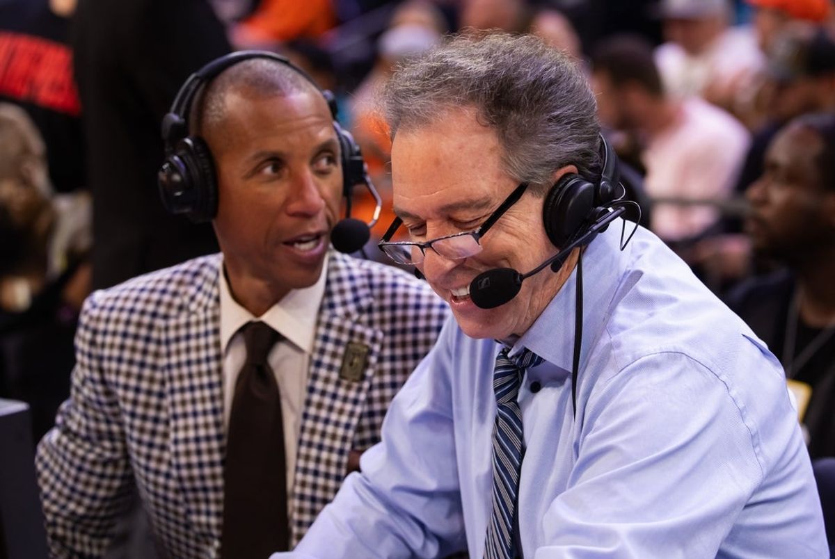 Nov 26, 2024; Phoenix, Arizona, USA; NBA on TNT television analyst Reggie Miller (left) and Kevin Harlan during the Los Angeles Lakers against the Phoenix Suns during an NBA Cup game at Footprint Center. Mandatory Credit: Mark J. Rebilas-Imagn Images