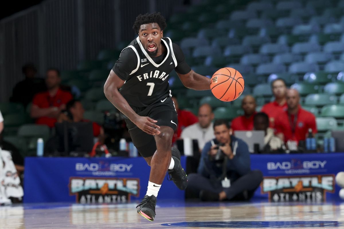 Nov 27, 2024; Paradise Island, Bahamas, BHS; Providence Friars guard Bensley Joseph (7) dribbles during the second half against the Oklahoma Sooners at the Atlantis Resort.  Mandatory Credit: Kevin Jairaj-Imagn Images
