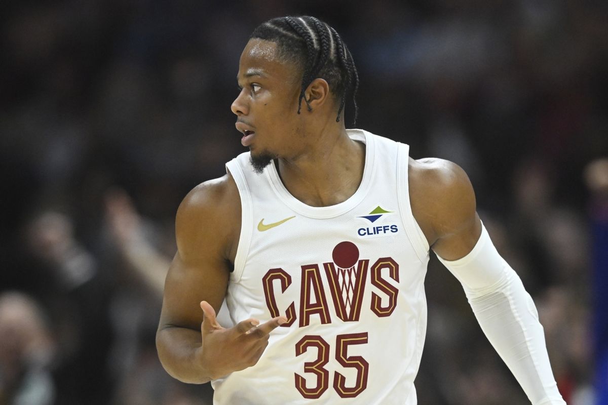 Nov 27, 2024; Cleveland, Ohio, USA; Cleveland Cavaliers forward Isaac Okoro (35) celebrates his three-point basket in the first quarter against the Atlanta Hawks at Rocket Mortgage FieldHouse. Mandatory Credit: David Richard-Imagn Images