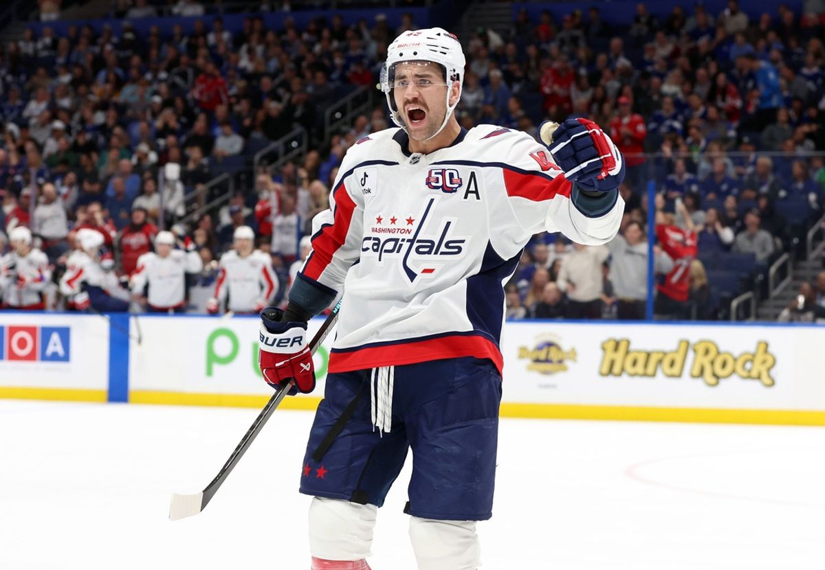 Nov 27, 2024; Tampa, Florida, USA; Washington Capitals right wing Tom Wilson (43) celebrates after center Aliaksei Protas (21) (not pictured) scores against the Tampa Bay Lightning during the second period at Amalie Arena. Mandatory Credit: Kim Klement Neitzel-Imagn Images