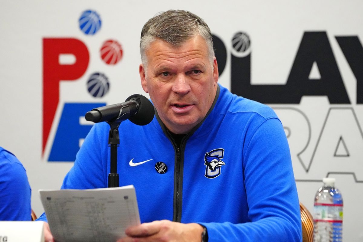 Nov 27, 2024; Las Vegas, Nevada, USA; Creighton Bluejays head coach Greg McDermott talks during a presser after the Texas A&M Aggies defeated the Bluejays at MGM Grand Garden Arena. Mandatory Credit: Stephen R. Sylvanie-Imagn Images