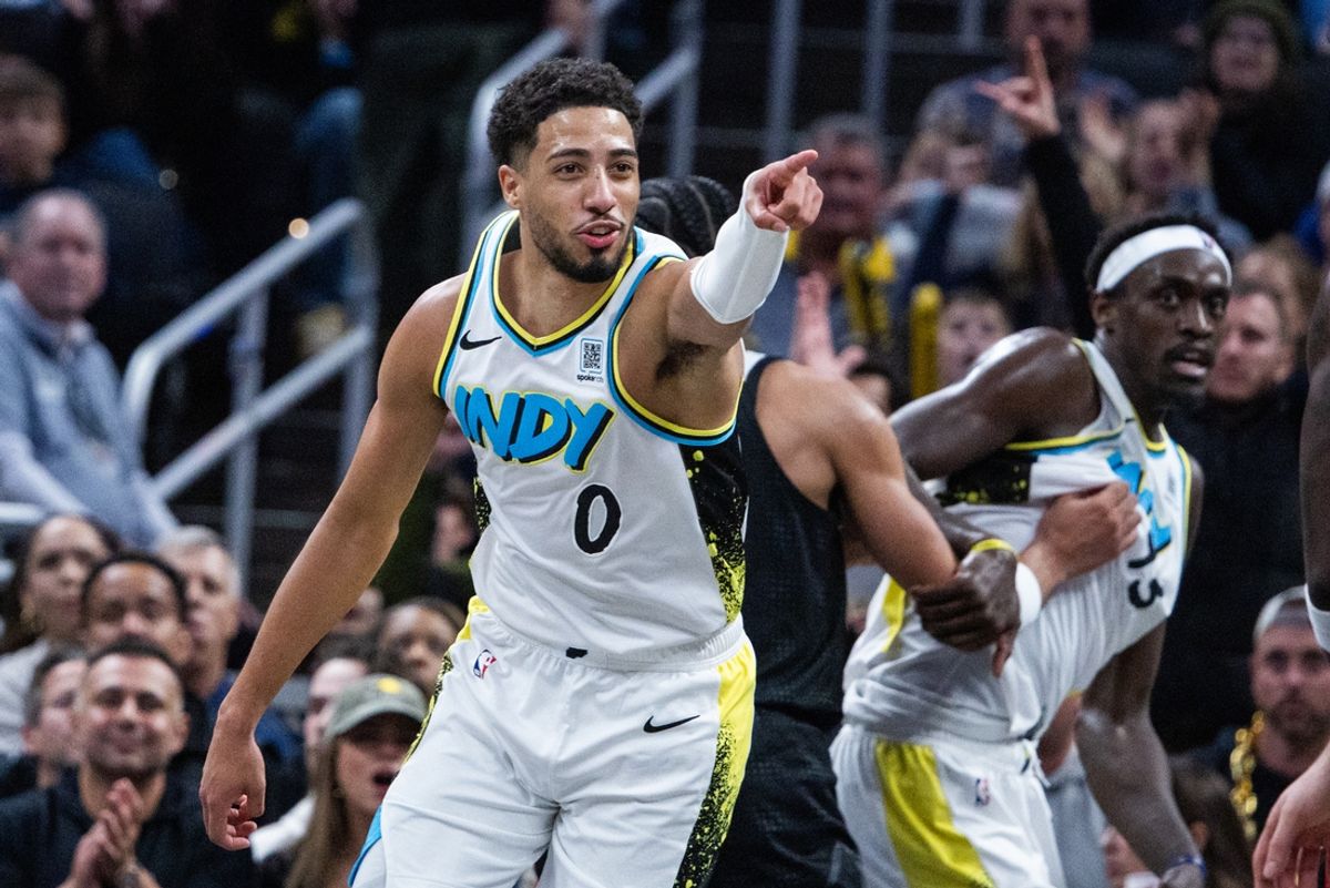 Nov 27, 2024; Indianapolis, Indiana, USA;Indiana Pacers guard Tyrese Haliburton (0) celebrates a made basket in the second half against the Portland Trail Blazers at Gainbridge Fieldhouse. Mandatory Credit: Trevor Ruszkowski-Imagn Images