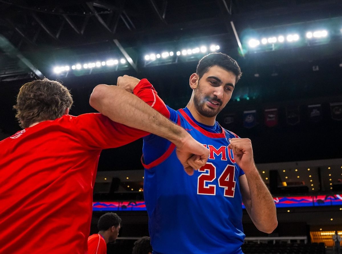 Southern Methodist Mustangs center Samet Yigitoglu (24) is announced with the starting lineup before their game in the Acrisure Series in Palm Desert, Calif., Wednesday, Nov. 27, 2024.