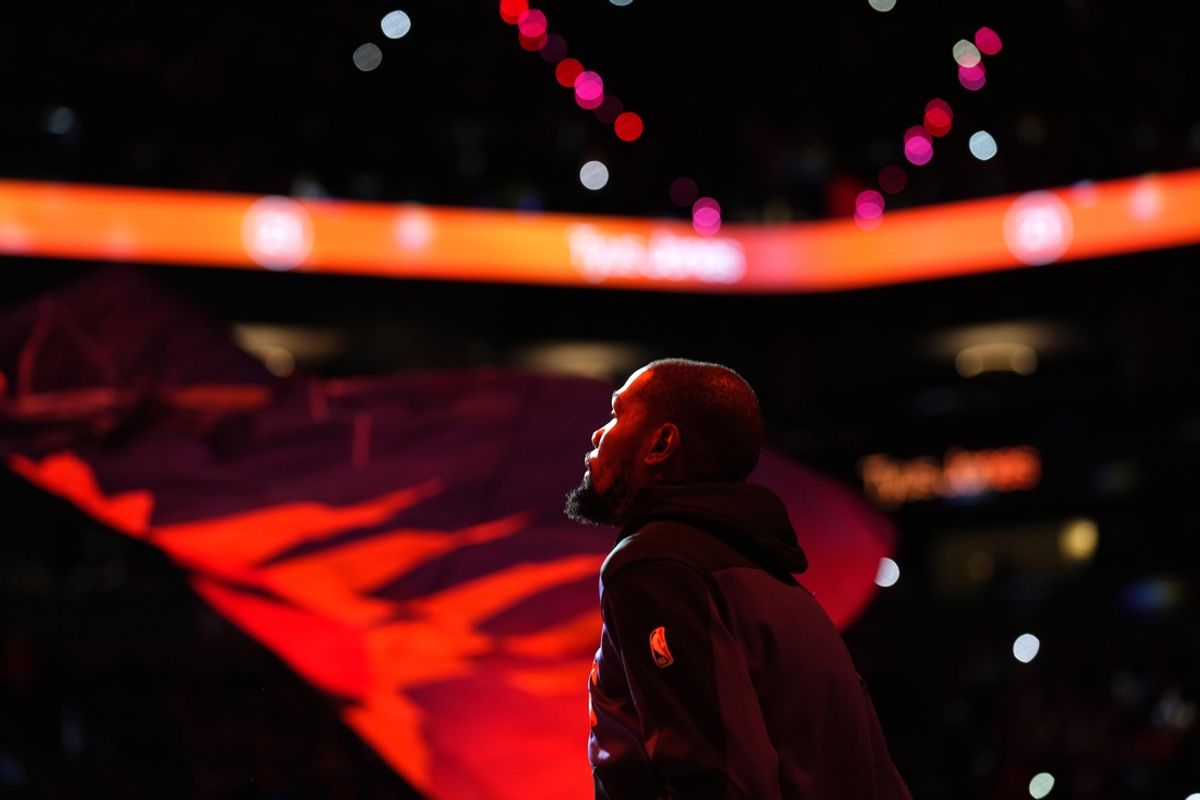 Nov 27, 2024; Phoenix, Arizona, USA; Phoenix Suns forward Kevin Durant (35) is introduced before the game against the Brooklyn Nets at Footprint Center. Mandatory Credit: Joe Camporeale-Imagn Images