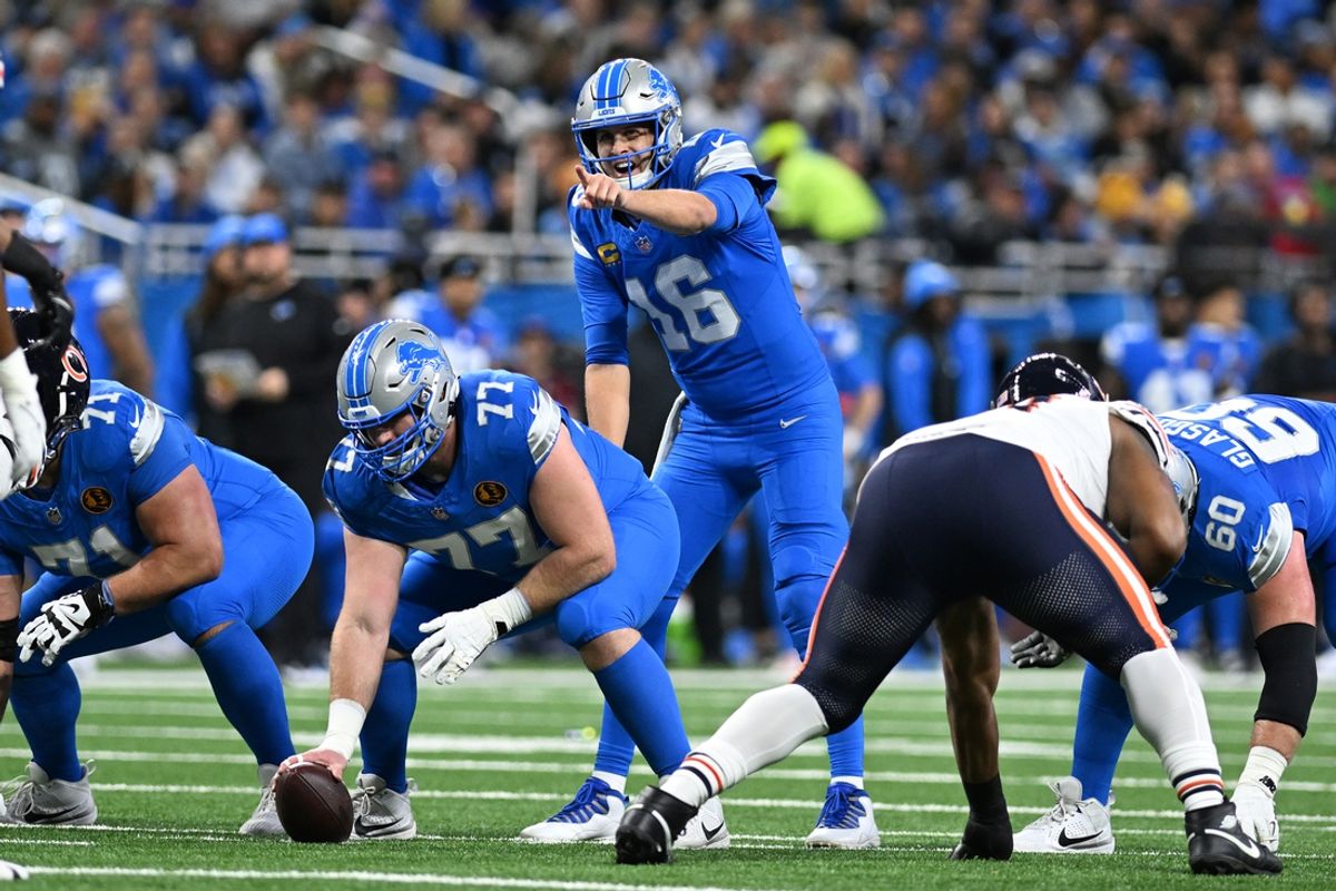 Nov 28, 2024; Detroit, Michigan, USA; Detroit Lions quarterback Jared Goff (16) calls out signals under center against the Chicago Bears in the first quarter at Ford Field. Mandatory Credit: Lon Horwedel-Imagn Images