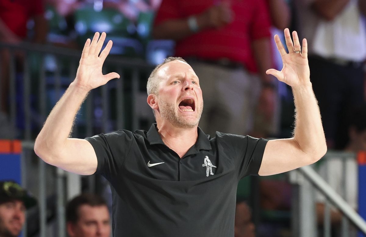 Nov 28, 2024; Paradise Island, Bahamas, BHS;  West Virginia Mountaineers head coach Darian DeVries reacts during the second half against the Louisville Cardinals at Imperial Arena at the Atlantis resort.  Mandatory Credit: Kevin Jairaj-Imagn Images