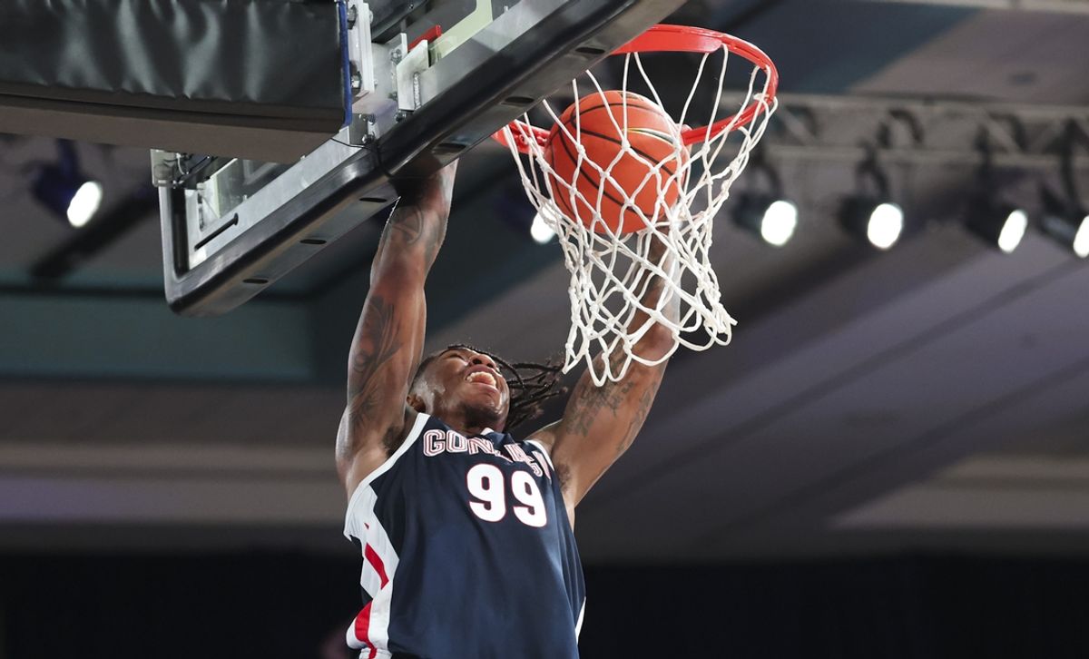 Nov 28, 2024; Paradise Island, Bahamas, BHS;  Gonzaga Bulldogs guard Khalif Battle (99) dunks during the second half against the Indiana Hoosiers at Imperial Arena at the Atlantis resort. Mandatory Credit: Kevin Jairaj-Imagn Images