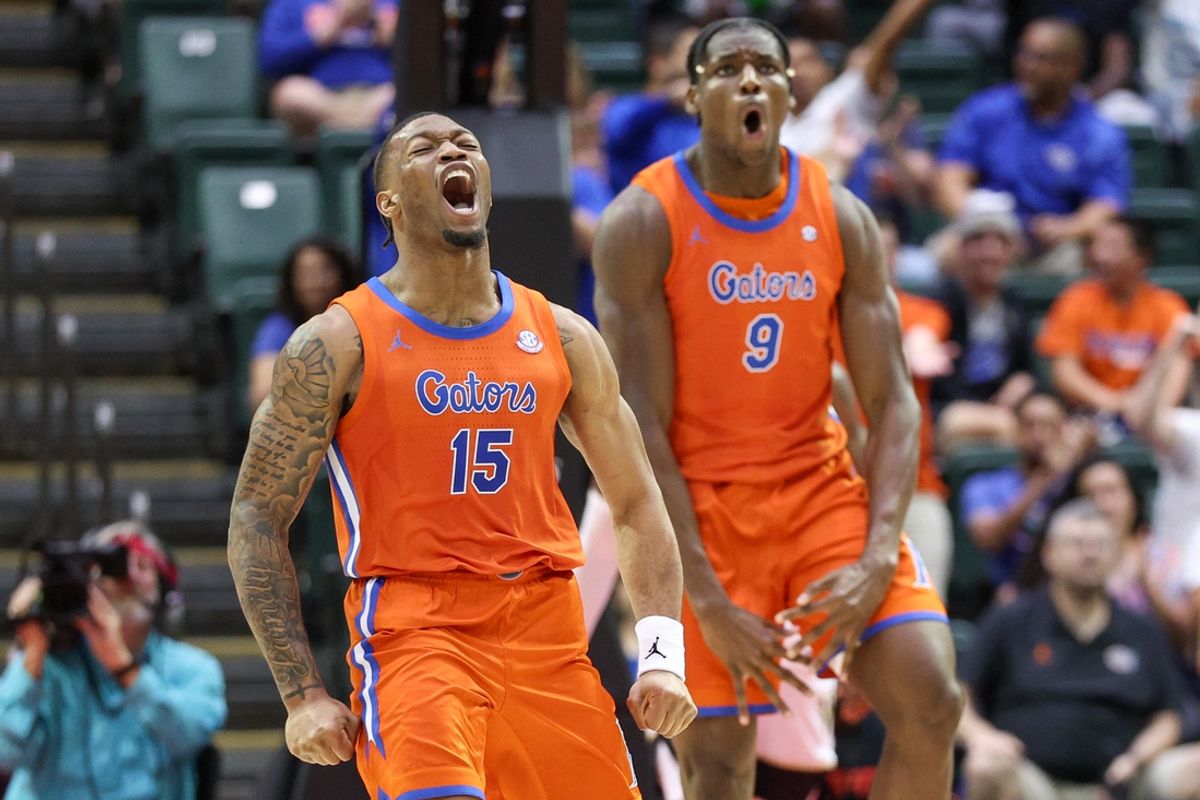 Nov 28, 2024; Orlando, Florida, USA; Florida Gators guard Alijah Martin (15) reacts after a play against the Wake Forest Demon Deacons in the second half at ESPN Wide World of Sports Complex. Mandatory Credit: Nathan Ray Seebeck-Imagn Images