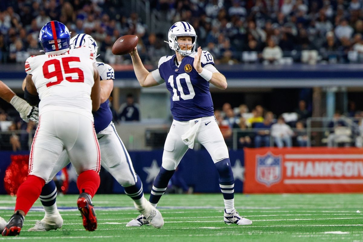 Nov 28, 2024; Arlington, Texas, USA; Dallas Cowboys quarterback Cooper Rush (10) throws a pass during the second quarter against the New York Giants at AT&T Stadium. Mandatory Credit: Andrew Dieb-Imagn Images