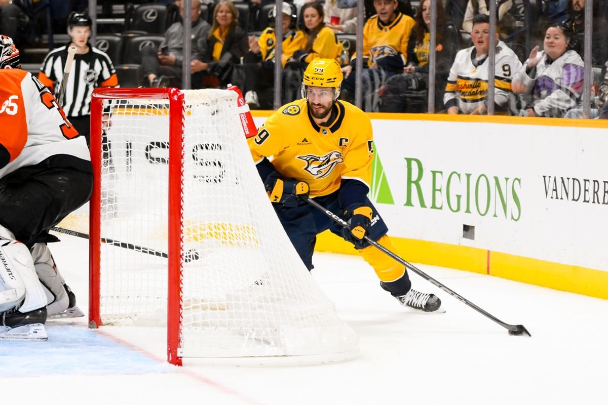 Nov 27, 2024; Nashville, Tennessee, USA;  Nashville Predators defenseman Roman Josi (59) skates behind the net against the Philadelphia Flyers during the first period at Bridgestone Arena. Mandatory Credit: Steve Roberts-Imagn Images
