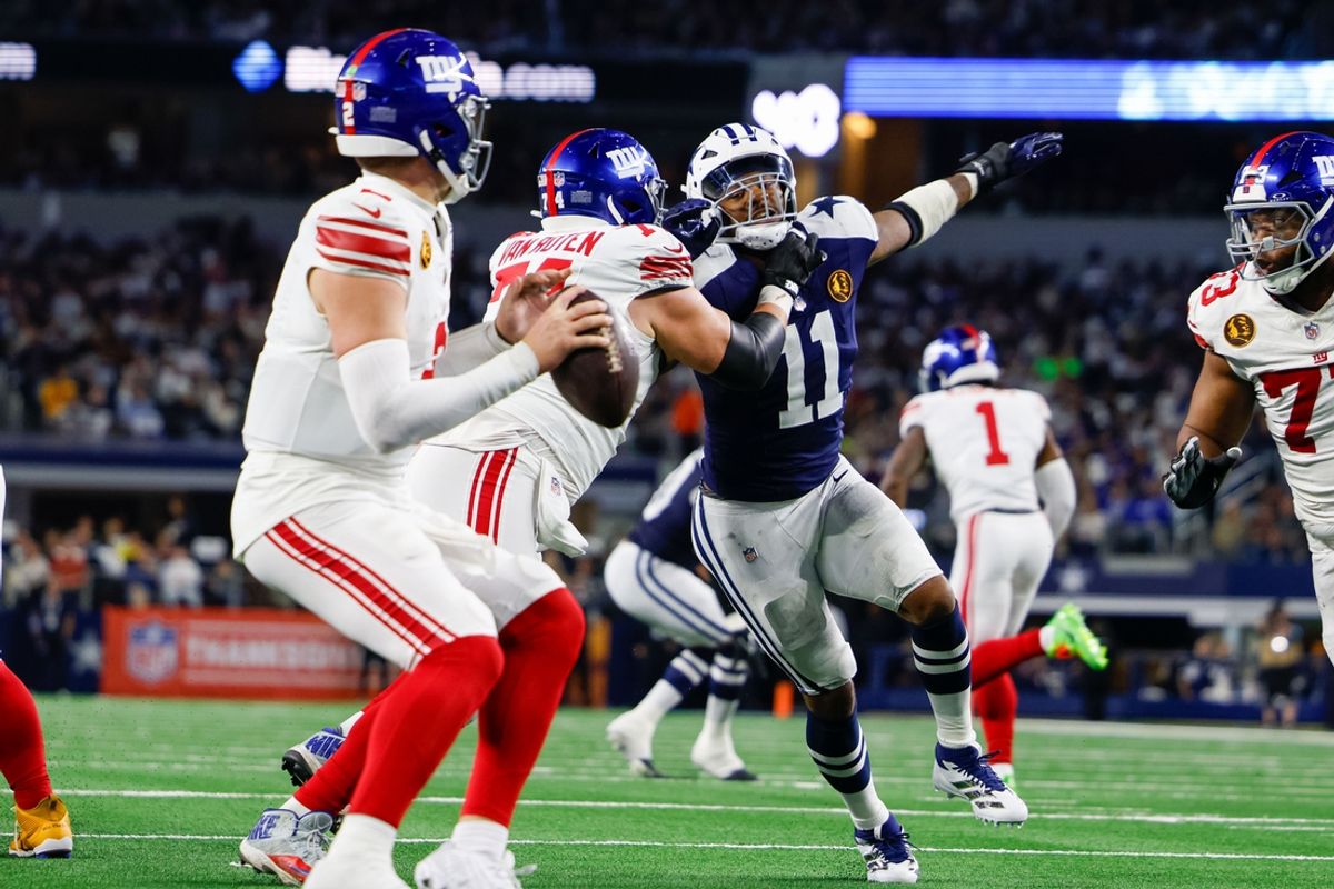Nov 28, 2024; Arlington, Texas, USA; Dallas Cowboys linebacker Micah Parsons (11) rushes the passer during the second quarter against the New York Giants at AT&T Stadium. Mandatory Credit: Andrew Dieb-Imagn Images