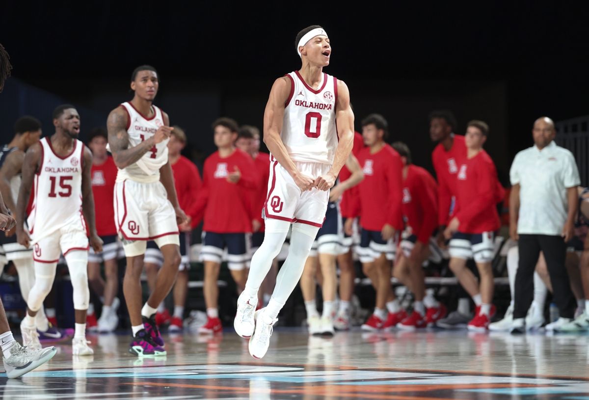 Nov 28, 2024;  Paradise Island, Bahamas, BHS; Oklahoma Sooners guard Jeremiah Fears (0) reacts after the game against the Arizona Wildcats in the Imperial Arena at the Atlantis Resort.  Mandatory Credit: Kevin Jairaj-Imagn Images