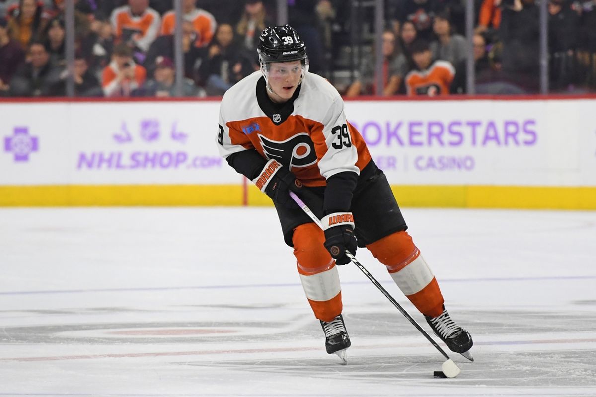 Nov 25, 2024; Philadelphia, Pennsylvania, USA; Philadelphia Flyers right wing Matvei Michkov (39) against the Vegas Golden Knights at Wells Fargo Center. Mandatory Credit: Eric Hartline-Imagn Images