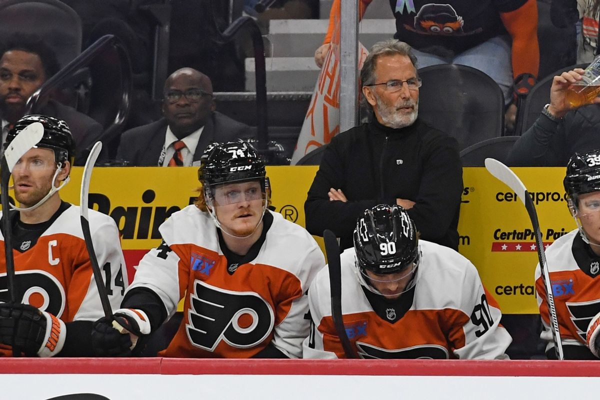 Nov 20, 2024; Philadelphia, Pennsylvania, USA; Philadelphia Flyers head coach John Tortorella against the Carolina Hurricanes at Wells Fargo Center. Mandatory Credit: Eric Hartline-Imagn Images