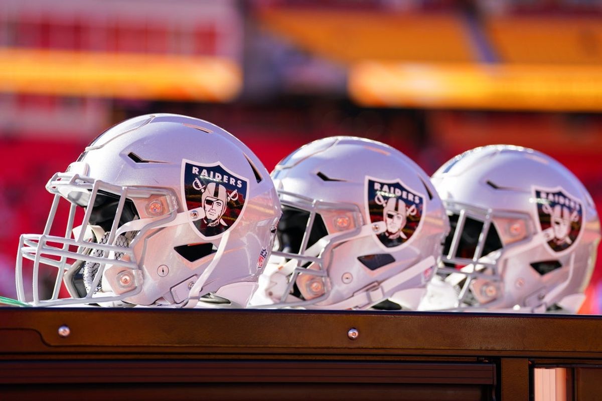 Nov 29, 2024; Kansas City, Missouri, USA; A general view of Las Vegas Raiders helmets against the Kansas City Chiefs prior to a game at GEHA Field at Arrowhead Stadium. Mandatory Credit: Denny Medley-Imagn Images