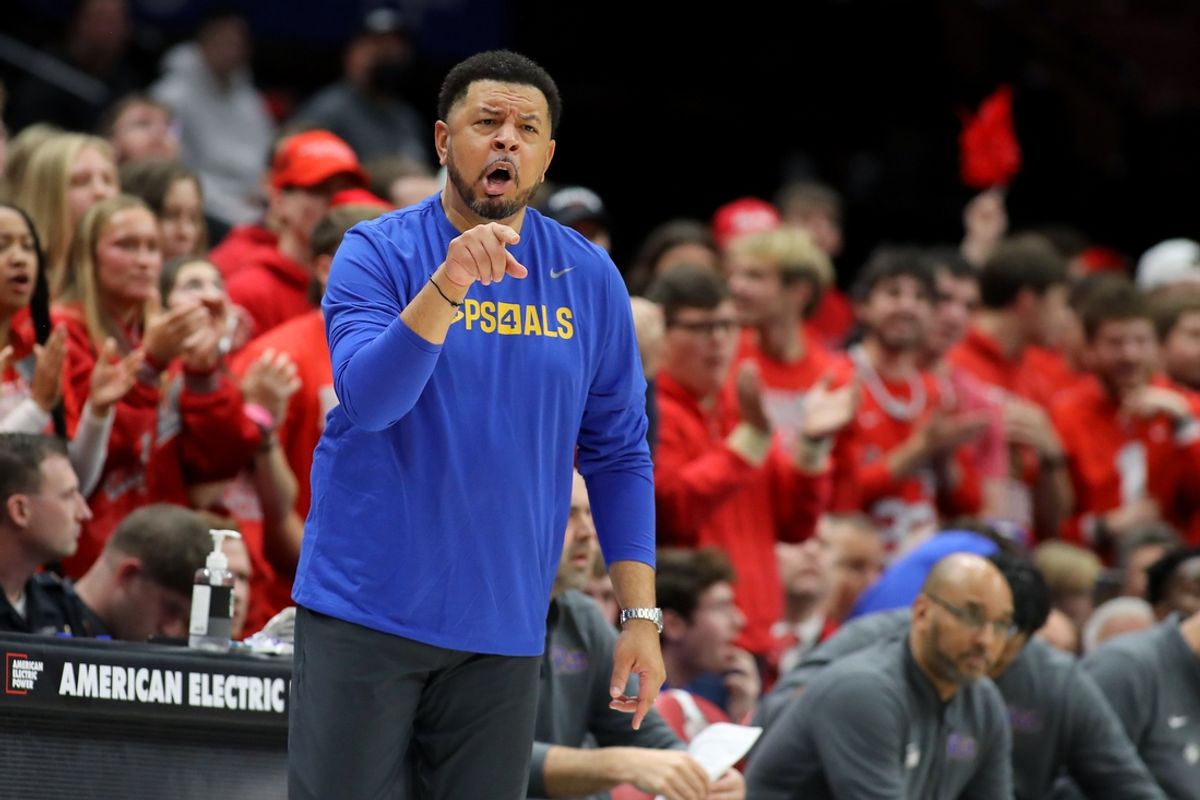 Nov 29, 2024; Columbus, Ohio, USA; Pittsburgh Panthers head coach Jeff Capel III reacts to a play during the first half against the Ohio State Buckeyes at Value City Arena. Mandatory Credit: Joseph Maiorana-Imagn Images