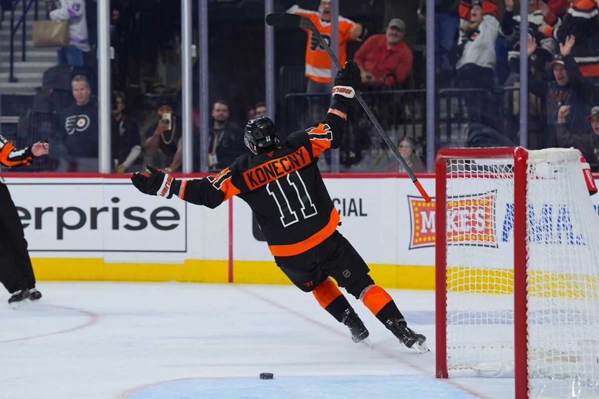 Nov 29, 2024; Philadelphia, Pennsylvania, USA; Philadelphia Flyers right wing Travis Konecny (11) reacts after scoring an open-net goal against the New York Rangers in the third period at Wells Fargo Center. Mandatory Credit: Kyle Ross-Imagn Images