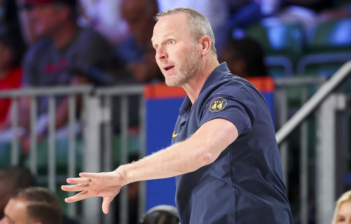 Nov 29, 2024; Paradise Island, Bahamas, BHS;  West Virginia Mountaineers head coach Darian DeVries reacts against the Arizona Wildcats during the first half at Imperial Arena at the Atlantis resort.  Mandatory Credit: Kevin Jairaj-Imagn Images