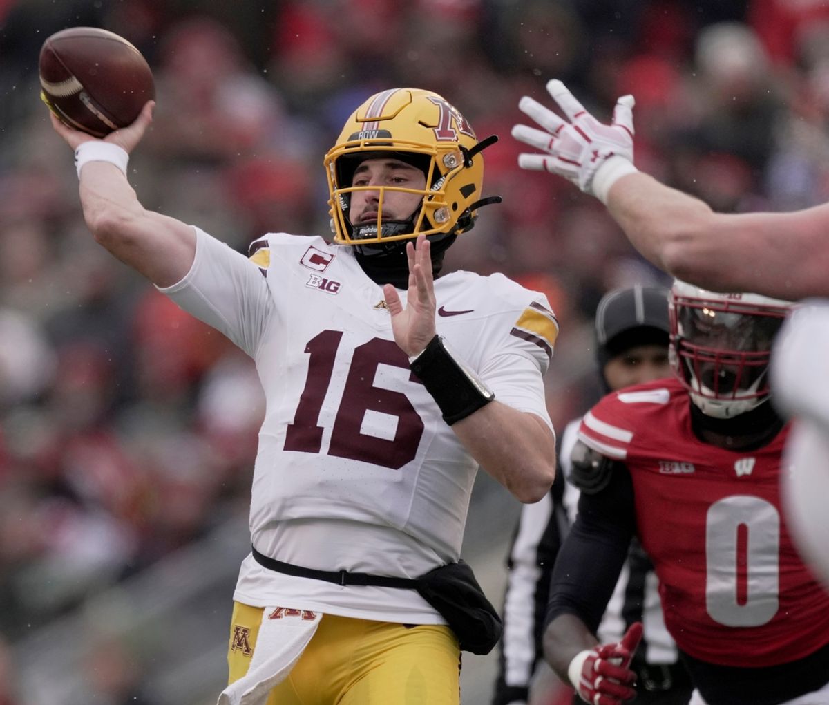 Minnesota quarterback Max Brosmer (16) throws a pass during the second quarter of their game at Camp Randall Stadium Friday, November 29, 2024 in Madison, Wisconsin. Minnesota beat Wisconsin 24-7.