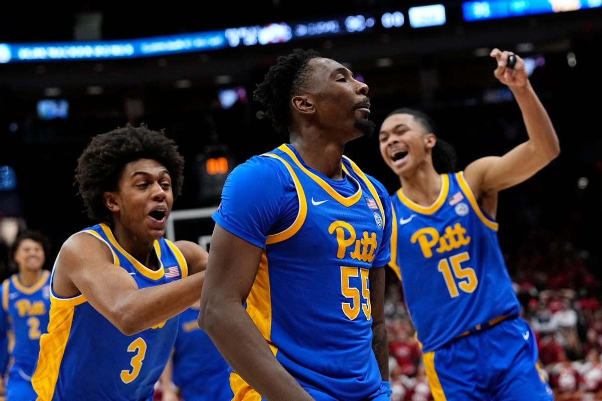 Pittsburgh Panthers forward Zack Austin (55) celebrates hitting the game winning three pointer in overtime of the NCAA men's basketball game against the Ohio State Buckeyes at Value City Arena in Columbus on Friday, Nov. 29, 2024. Ohio State lost 91-90 on a last second shot.