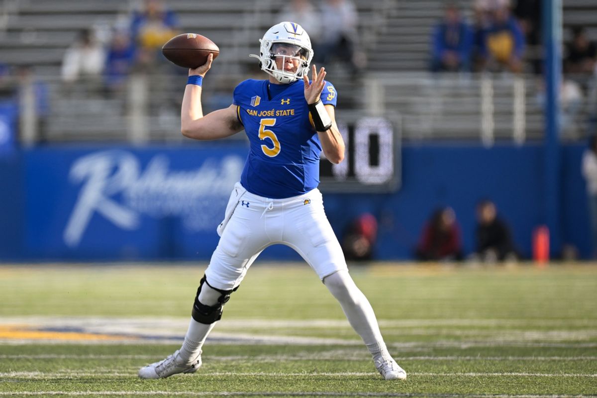 Nov 29, 2024; San Jose, California, USA; San Jose State Spartans quarterback Walker Eget (5) throws against the Stanford Cardinal in the second quarter at CEFCU Stadium. Mandatory Credit: Eakin Howard-Imagn Images