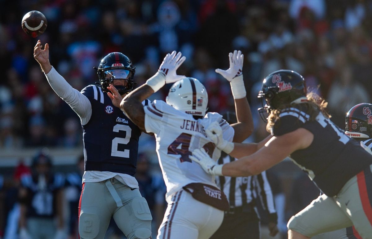 Mississippi's quarterback Jaxson Dart (2) throws the ball during the Egg Bowl game against Mississippi State at Vaught-Hemingway Stadium on Friday, Nov. 29, 2024.