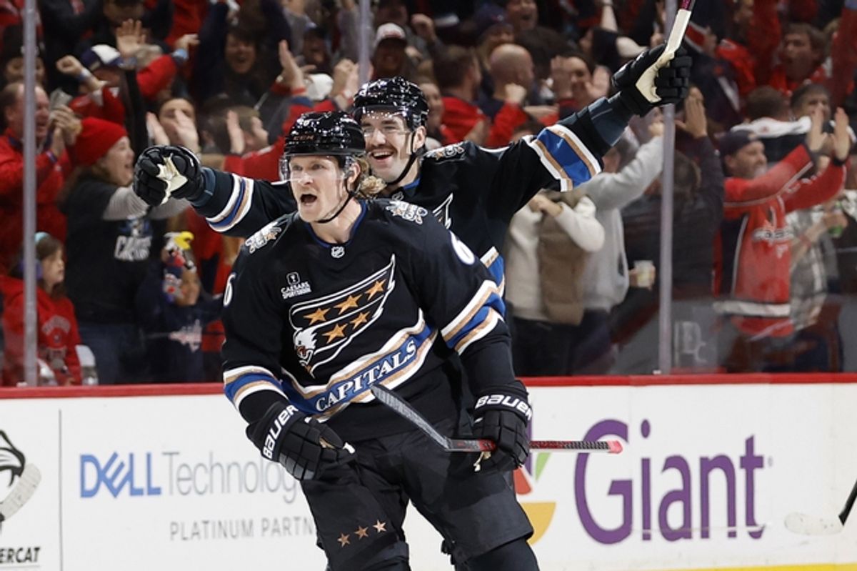 Nov 29, 2024; Washington, District of Columbia, USA; Washington Capitals defenseman Jakob Chychrun (6) celebrates after scoring the game-winning goal in overtime against the New York Islanders at Capital One Arena. Mandatory Credit: Geoff Burke-Imagn Images