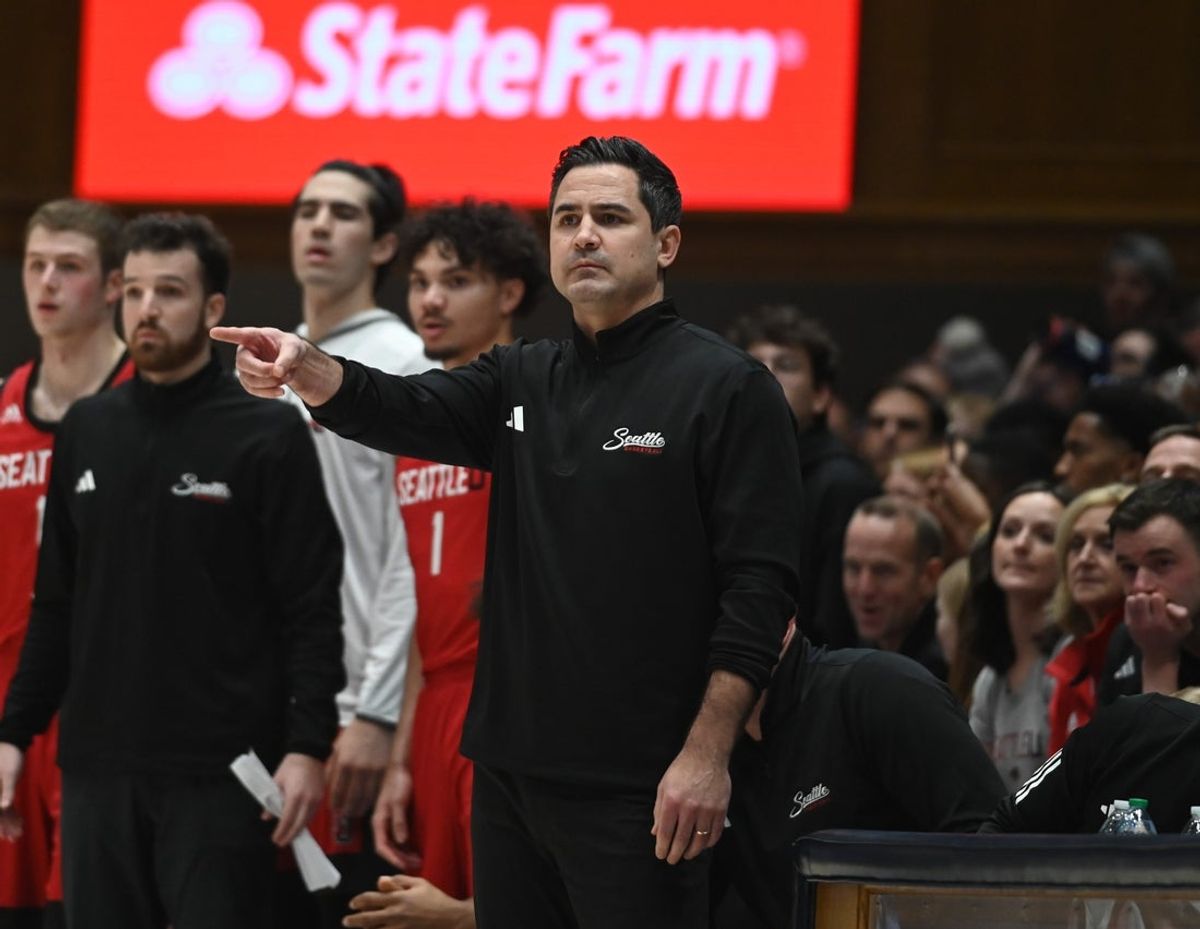 Nov 29, 2024; Durham, North Carolina, USA; Seattle Redhawks head coach Chris Victor directs his team during the first half against the Duke Blue Devils at Cameron Indoor Stadium. Mandatory Credit: Rob Kinnan-Imagn Images
