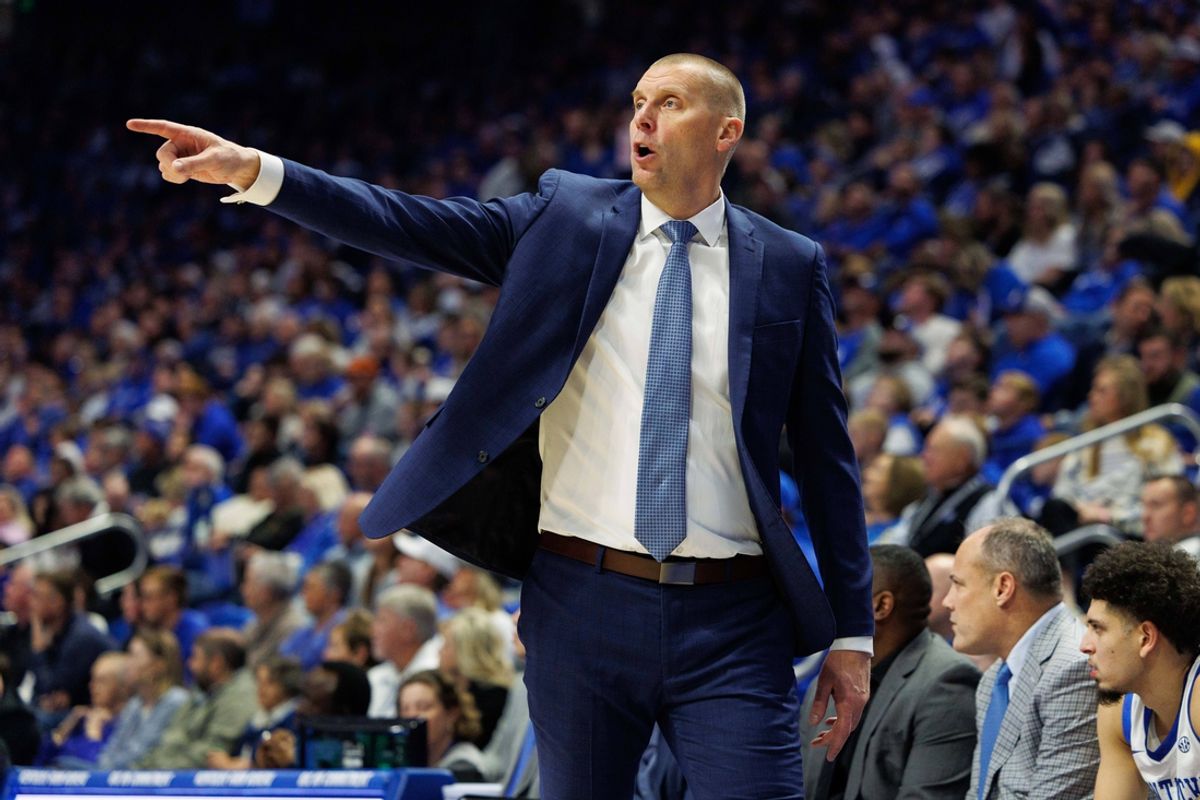 Nov 29, 2024; Lexington, Kentucky, USA; Kentucky Wildcats head coach Mark Pope directs his players during the first half against the Georgia State Panthers at Rupp Arena at Central Bank Center. Mandatory Credit: Jordan Prather-Imagn Images