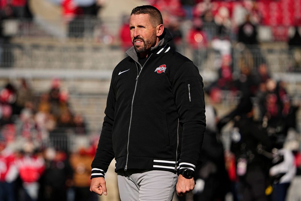 Ohio State Buckeyes co-offensive coordinator Brian Hartline watches warm ups prior to the NCAA football game against the Michigan Wolverines at Ohio Stadium in Columbus on Saturday, Nov. 30, 2024.