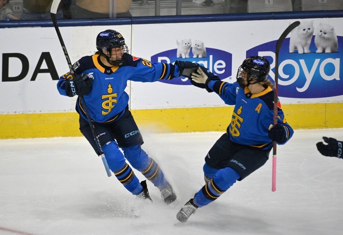 Nov 30, 2024; Toronto, ON, CANADA;  Toronto Sceptres forward Sarah Nurse (20) celebrates with defender Renata Fast (14) after scoring against the Boston Fleet goalie in the first period at Coca-Cola Coliseum. Mandatory Credit: Dan Hamilton-Imagn Images