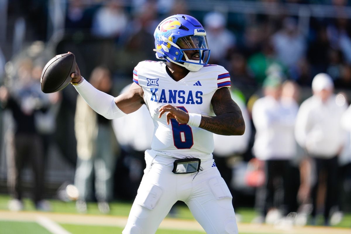 Nov 30, 2024; Waco, Texas, USA;  Kansas Jayhawks quarterback Jalon Daniels (6) drops back to pass against the Baylor Bears during the second half at McLane Stadium. Mandatory Credit: Chris Jones-Imagn Images