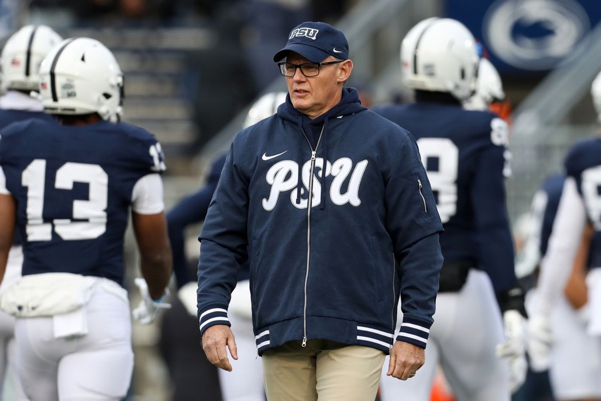 Nov 30, 2024; University Park, Pennsylvania, USA; Penn State Nittany Lions defensive coordinator Tom Allen walks on the field during warm ups before a game against the Maryland Terrapins at Beaver Stadium. Mandatory Credit: Matthew O'Haren-Imagn Images